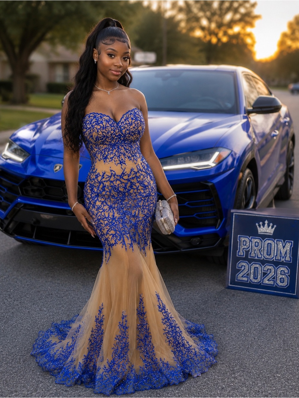 Strapless Royal Blue and Nude Lace Mermaid Prom Dress